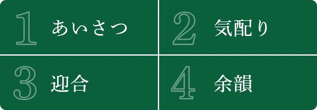 1.あいさつ・2.気配り・3.迎合・4.余韻
